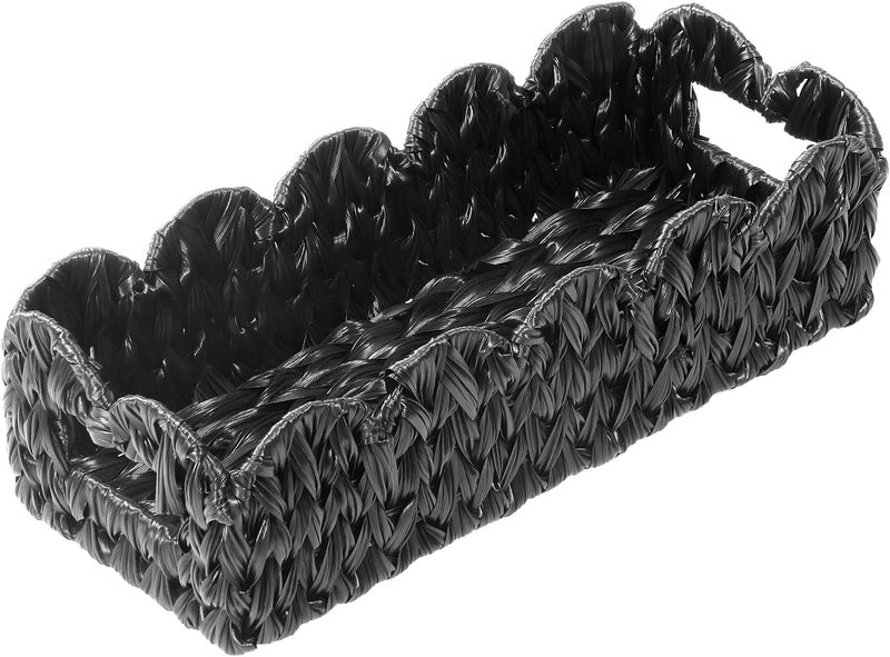 Coeusy Black Toilet Basket,Scalloped Wicker Basket for Toilet Paper Storage,Small Slim Storage Baskets for Shelf,Bedroom,Living Room,Rectangle - Image 1